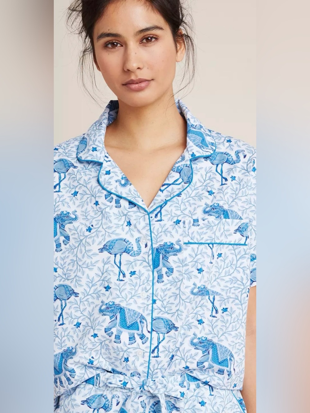 Printfresh flamenco Blue & White Printed Short-Sleeve Pajama Top